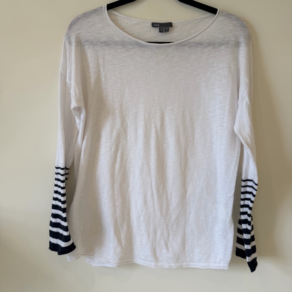 Vince 100% Cotton Long-Sleeve Tee with Black Striped Cuffs Size S
